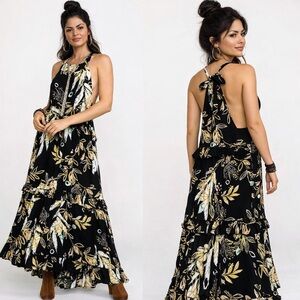 Free People XS Floral Halter Maxi Dress - Black and brown
